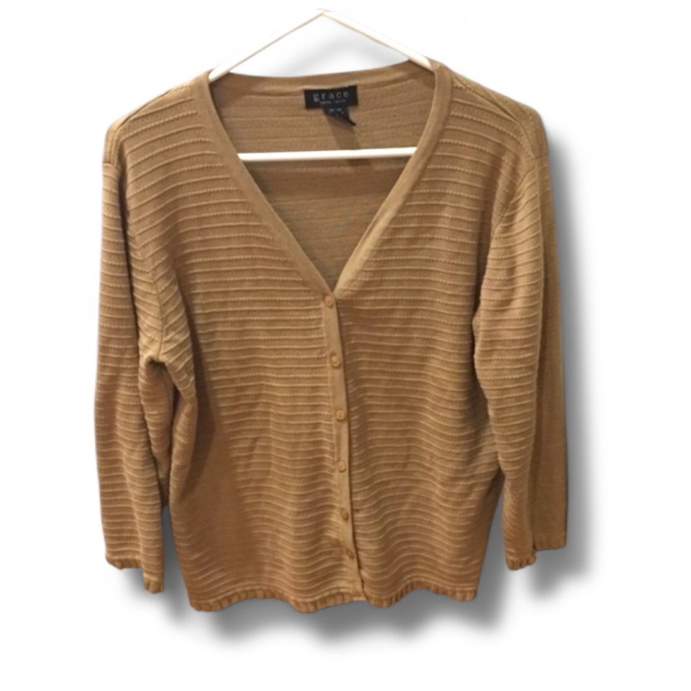 Grace Cotton  Ribbed  Cardigan L - Tan EUC